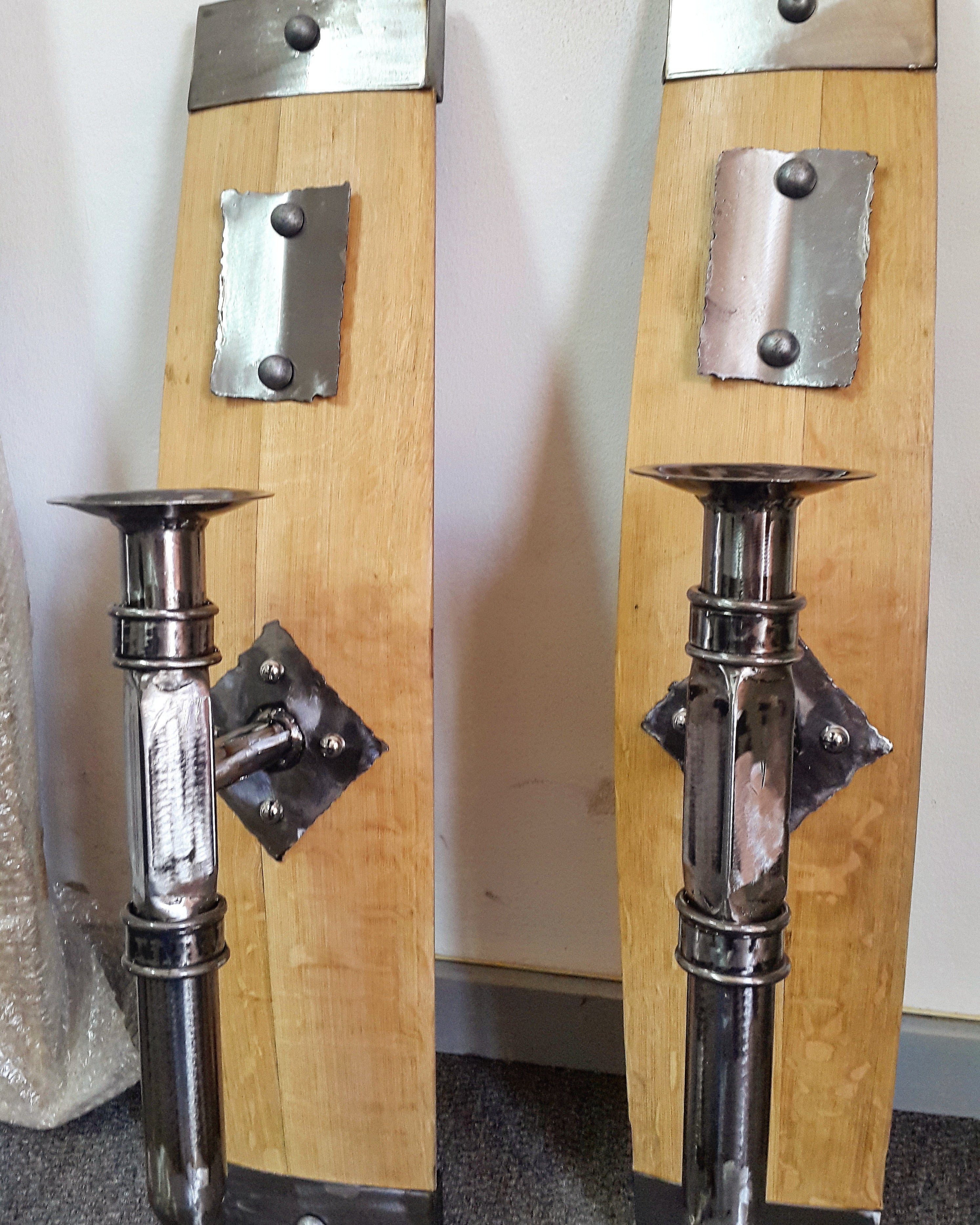 Medieval candlestick holders made from reclaimed french oak wine barrels with decor studs
